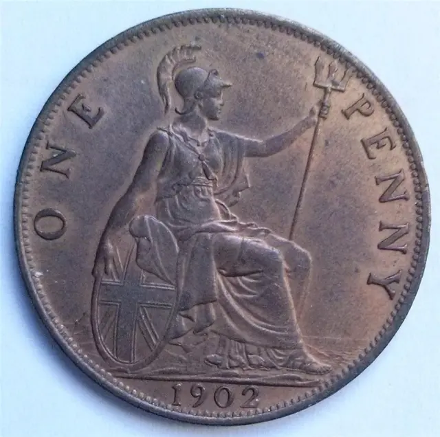 1902 Edward VII One Penny Coin Low Tide Variety Near Uncirculated