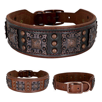 Padded Genuine Leather Dog Collar Heavy Duty Strong Adjustable for Large Dogs
