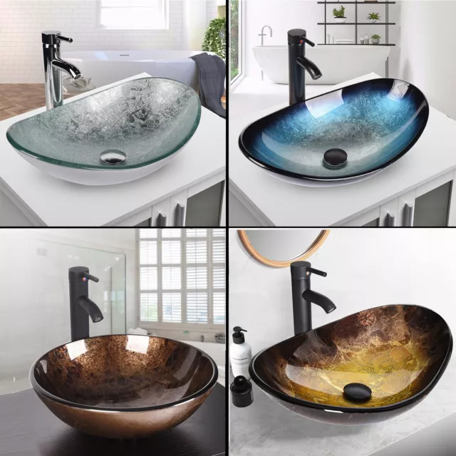 Countertop Sink Basin Bathroom Cloakroom Wash Bowl Tempered Glass Tap Waste Set