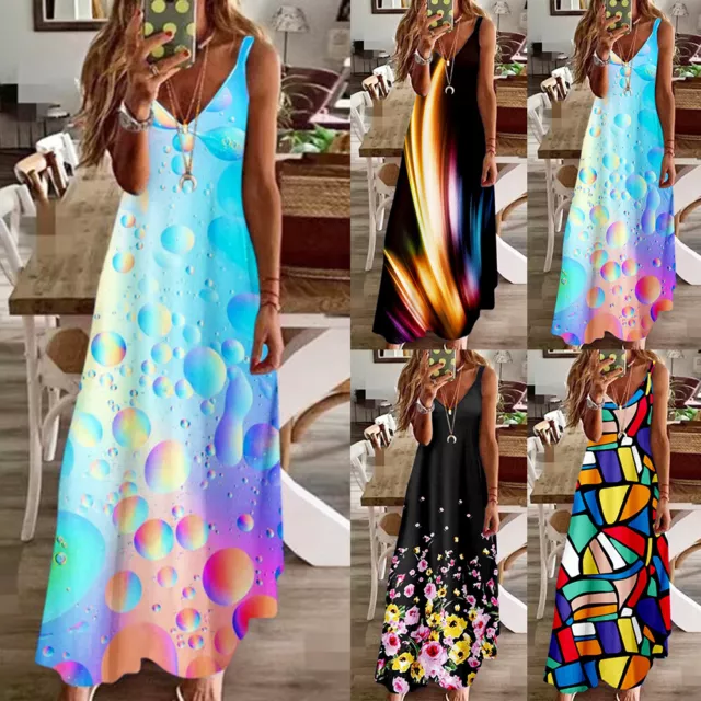 Womens Sleeveless Floral Tank Dress Summer Holiday Beach Long Maxi Sundress AU