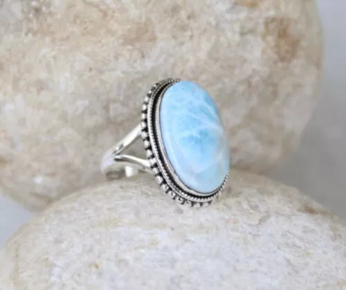 Premium Larimar Sterling Silver Ring Solid 925 Silver Handmade Women Ring HM1233