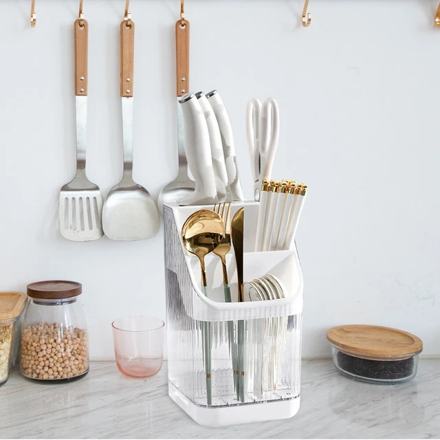 DEARMAMY Lot De 4 Boîtes De Rangement Pour Couverts Avec Couvercle Et Égouttoir – Organisateur Pratique Et Transparent Pour Cuisine