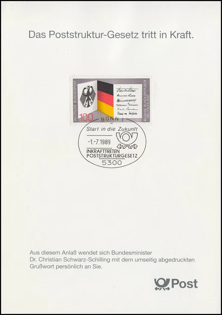 1421 EB 1/1989 Poststruktur-Gesetz - Typ I MIT Grußwort, seltene Karte