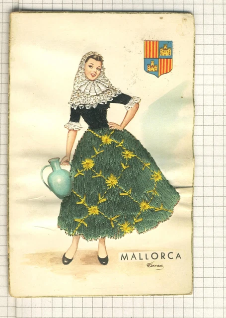 Old Spaine Postcard RPPC Lady clothes are embroidered with threads through paper