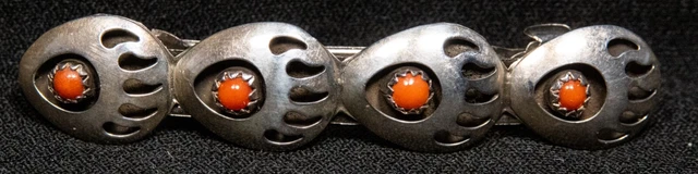 Navajo Sterling Silver Coral Bear Paw Hair Barrette