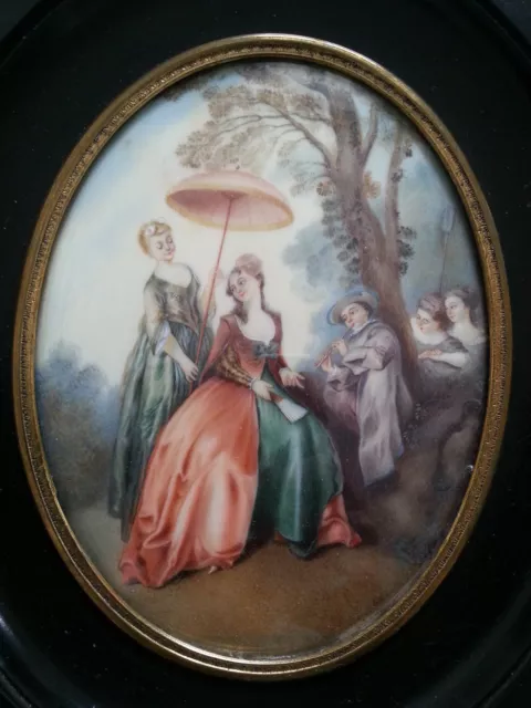 RARE Belle GRANDE MINIATURE PEINTURE XIXe signée ANDRE scène femme ombrelle