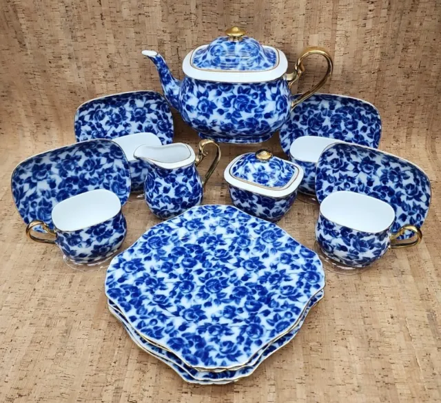 ROYAL DANUBE #1866  Calico Porcelain Tea Coffee Service Set Blue Roses Gold Rim