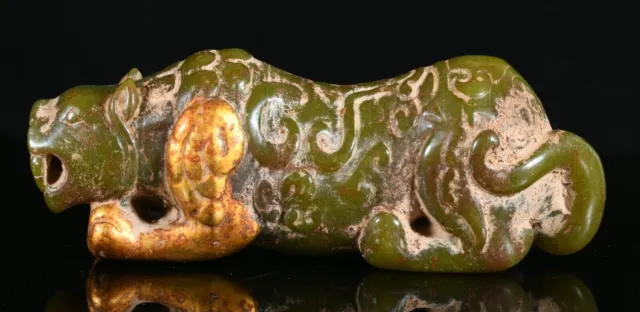 13CM Old Chinese Han Dynasty Natural Hetian Jade Gilt Dragon Beast Animal Statue