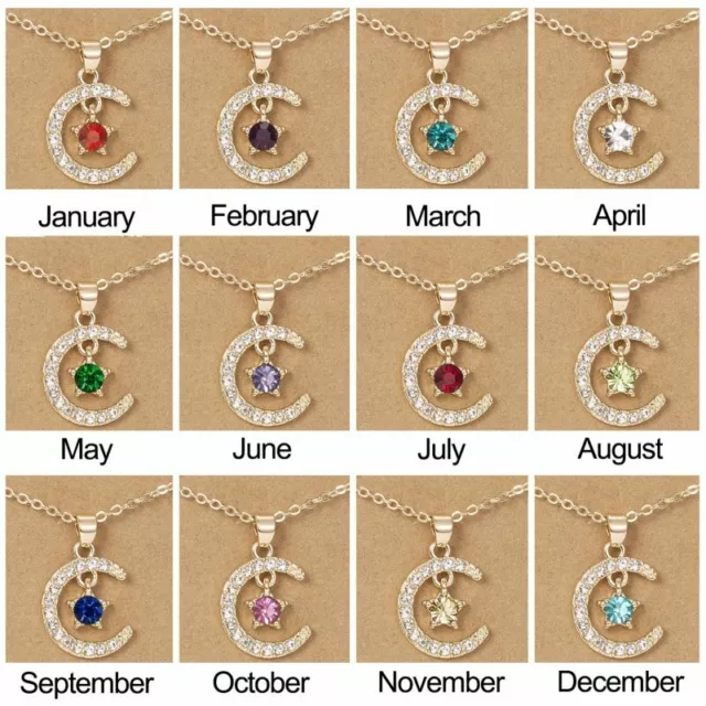 Birthstone Month Moon Star Crystal Pendant Necklace Charm Choker Women Girl Gift