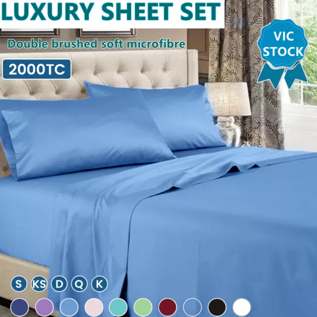 2000TC Hotel Soft 4Pcs Sheet Set Flat Fitted PC Single/KS/Double/Queen/King Size