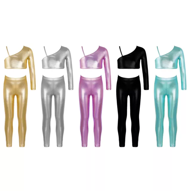 Kids Girls Tracksuits Shiny Metallic Outfits Set Cami Vest Crop Top with Pants