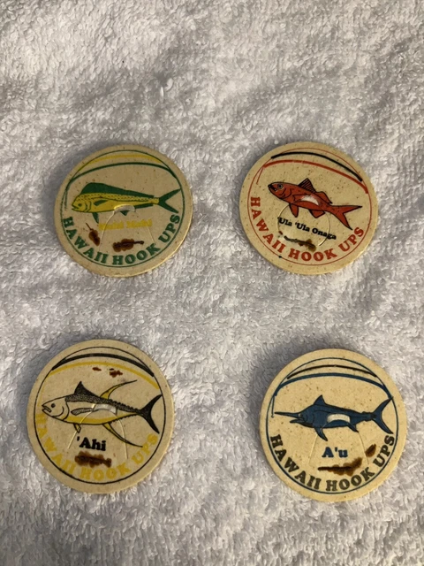 Hawaiian Fish Pogs  Ahi Onaga Mahi Mahi Au Set Of 4 Milk Cap Pogs Vintage