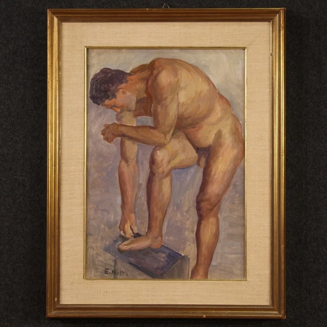 Dipinto firmato Emilio Notte quadro olio su cartone nudo maschile uomo 900