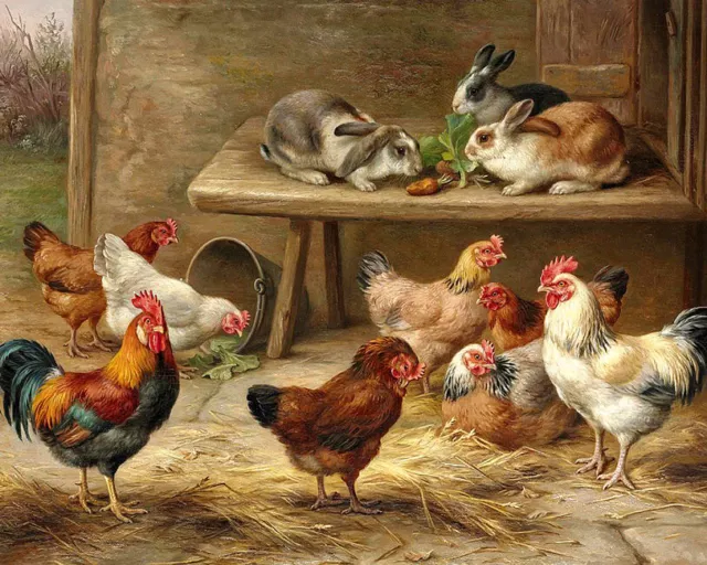 Chicken and rabbit oil painting Giclee Art Printed on canvas L2743