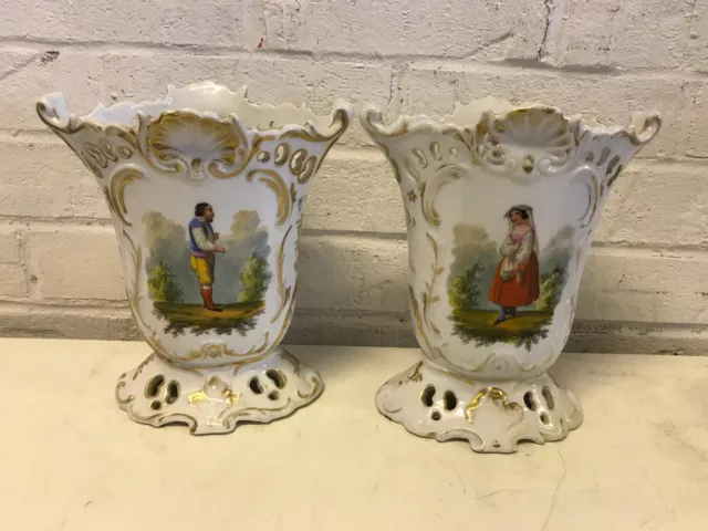 Antique French Old Paris Porcelain Pair of Vases Hand Painted Man Woman Flowers