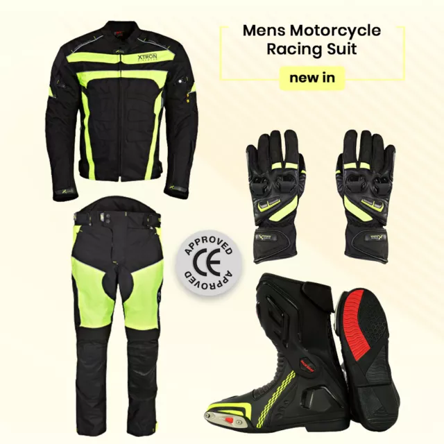 Mens Yellow Suit Motorbike Racing Set Gloves Boot Trouser Jacket | UK Sports Set