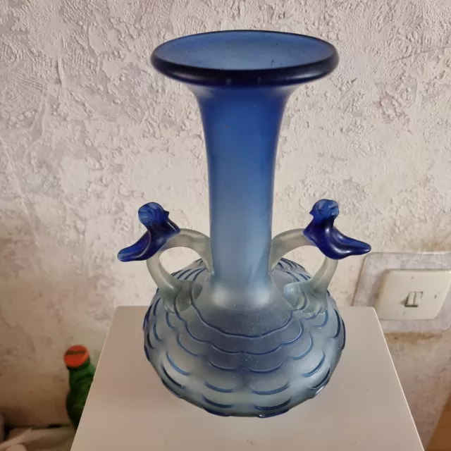 Murano Glas Seguso vetri d'arte a scavo Vase blau mit 2 Vogel Skulpturen
