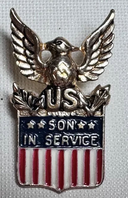Sterling Son In Service Pin - Gold Eagle With Colored Enameled Flag