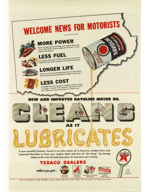 1946 Texaco Havoline Motor Oil  Cleans as it Lubricates Vintage Print Ad 1