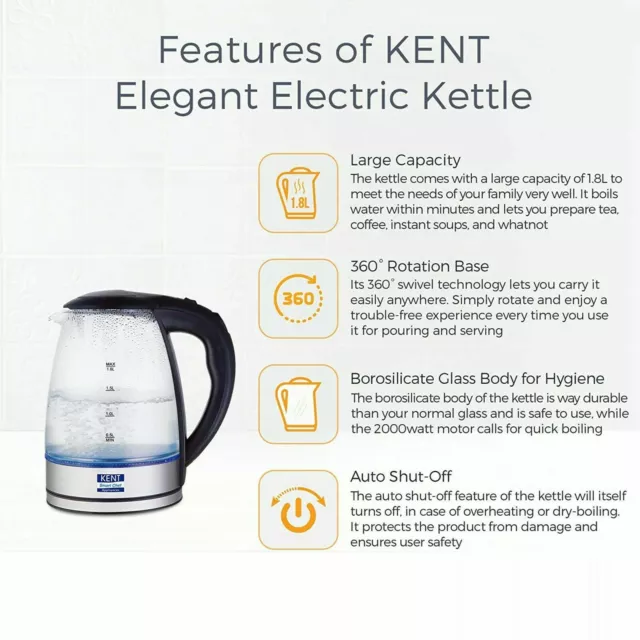 Kent 2000 W Élégant Electric Glass Kettle (Argent) Auto Switch Off Fonction 3