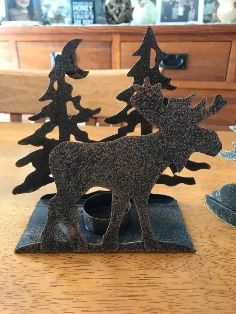 Set Of 2 Moose Pine Tree Metal Tea light Candle Holder Rustic Log Cabin Decor