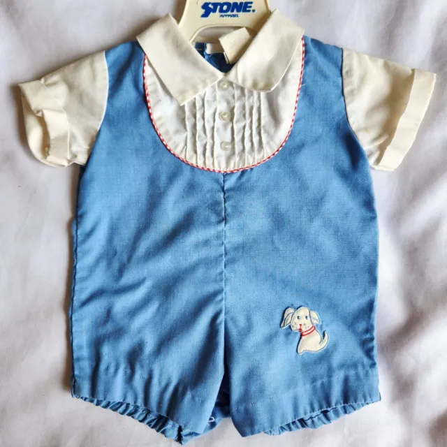 Vintage Nursery Rhyme Baby Boy Blue White Romper 3-6 Months Embroidered Puppy