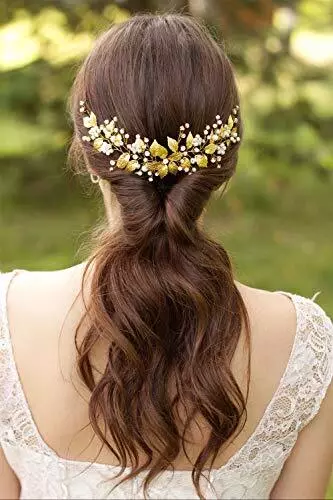 YERTTER Bridal Long Floral Crystal Leaf Bridal Hair Comb Clip Pearl Wedding H...