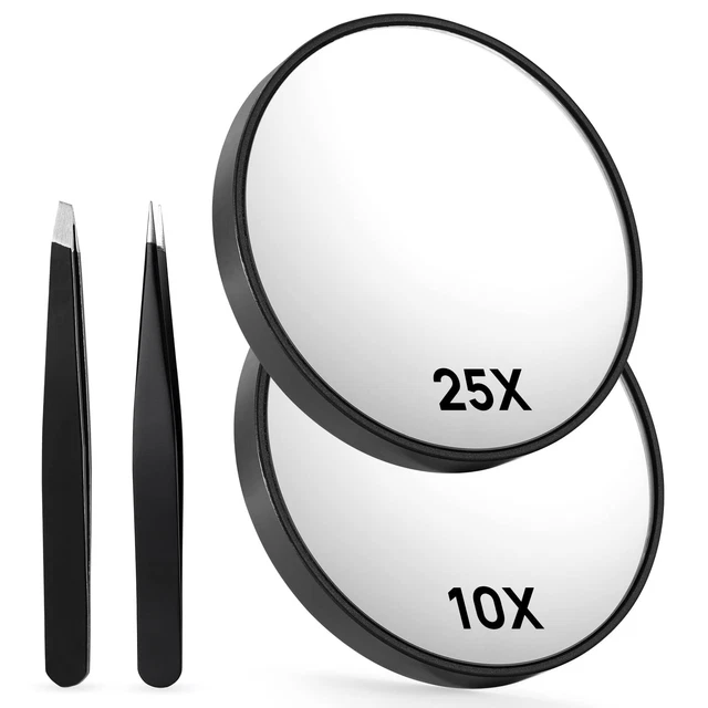 10X & 25X Magnifying Mirrors with Two Eyebrow Tweezers Kits, 3.5" Two Suction