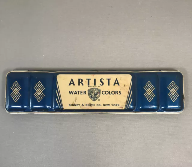 Vintage Artista Water Colors Paint Blue Tin Metal Case Used Binney & Smith