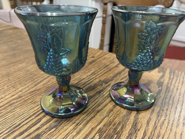 Vtg  Indiana Carnival Glass Blue Iridescent Harvest Grape Wine Goblet Set of 2