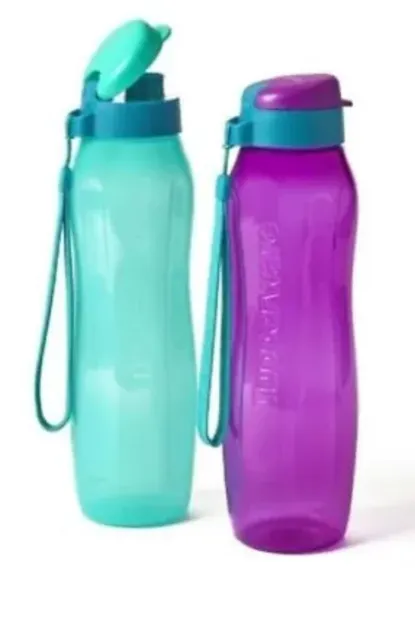 Tupperware Gen II ECO Drink Bottle with Strap 1L Green And Purple (2 In Set)