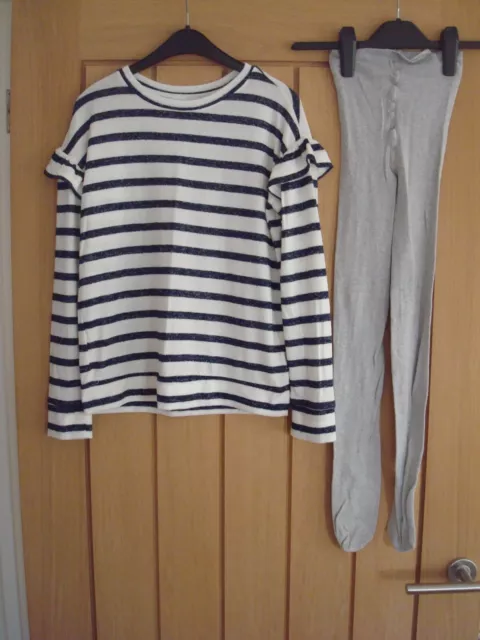 Girls Striped Top from Gap & Grey Thick Tights from H&M - Age 12 Years