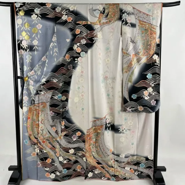 JAPANESE KIMONO FURISODE LONG SLEEVES LADIES WOVEN SILK Embroidery Gold  167cm