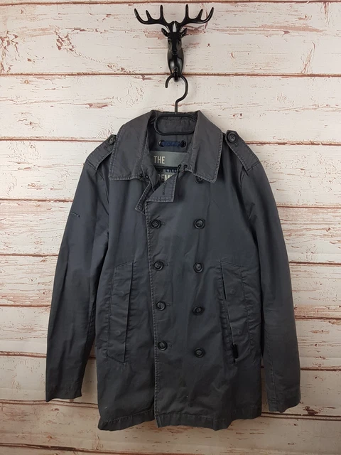 Superdry Mens Jacket Small Grey Overcoat Mac Premium Double Breasted Military