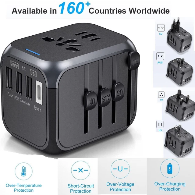 3 USB A + 1 USB C 5A Smart Universal International Travel Adapter Charger Plug