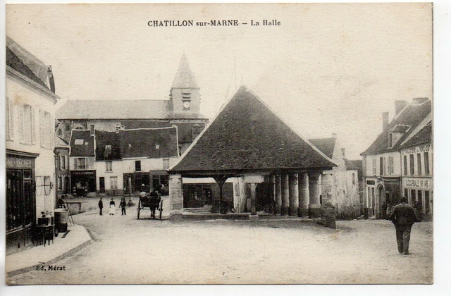 CHATILLON SUR MARNE - Marne - CPA 51 - place du marché - la Halle - magasins