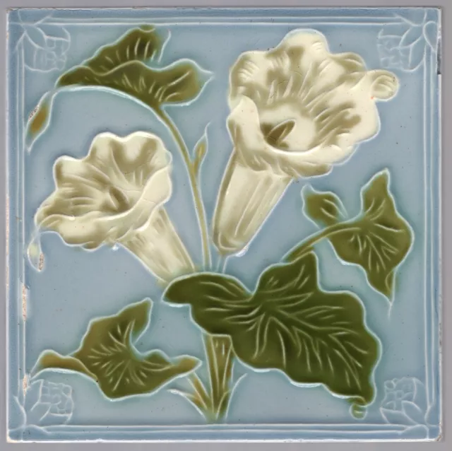 Henry A Ollivant - c1898 - White Convolvous Flowers Antique Majolica Tile