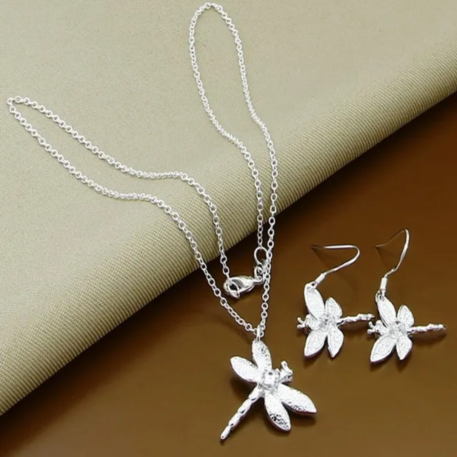 Women's 925 Sterling Silver Dragonfly Necklace Pendant Earrings Jewellery Sets