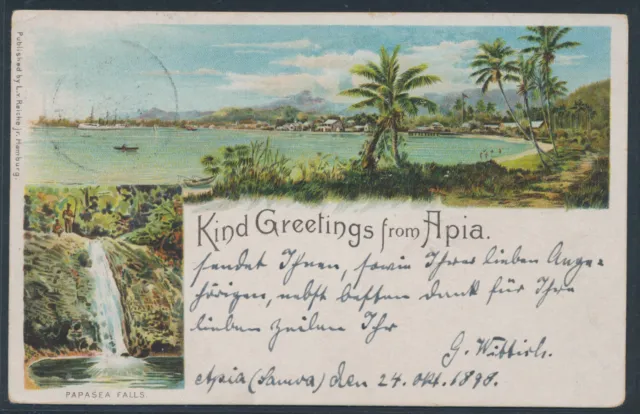 Samoa 10 Pfennig Adler Vorläufer AK Greetings Apia 1898 Berlin Attest (S20936a)