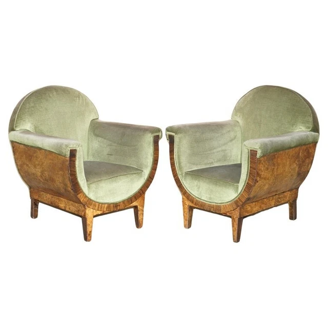 Pair Of Antique Art Deco Cir 1920 Burr Walnut Green Velour Armchairs Part Suite