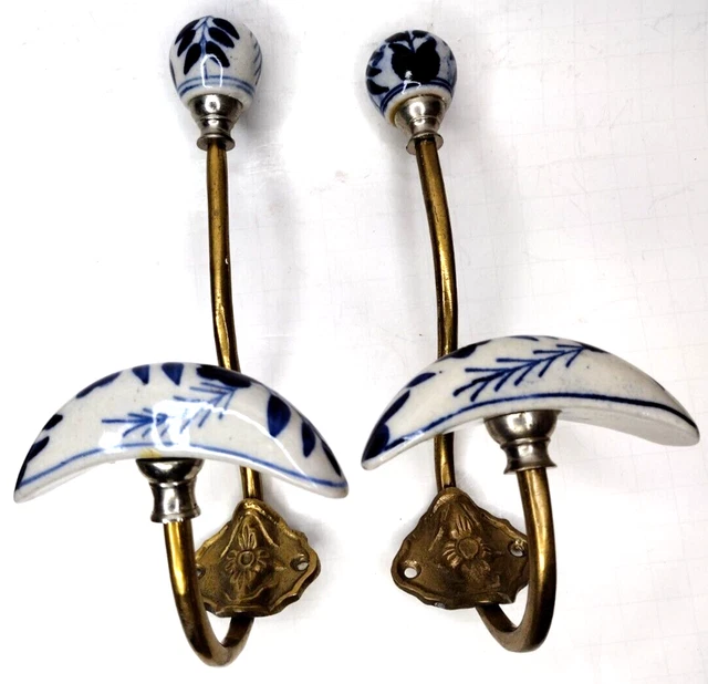 Pair VTG Antique Brass and Delft Blue Porcelain Coat Hat & Wall Hanger Hooks 8"