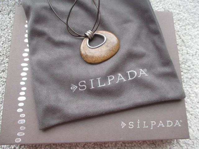SILPADA Stone Silver Pendant Brown Leather Chain NECKLACE w/ BOX Storage Bag