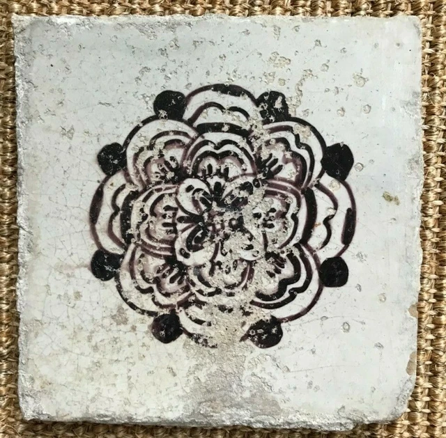 Antique 18C Dutch Delft Manganese Tile Featuring A Rose