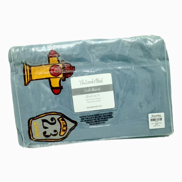 Land of Nod Crib Skirt Fireman Fire Fighter Cadet Blue Gray Crate and Barrel Kid