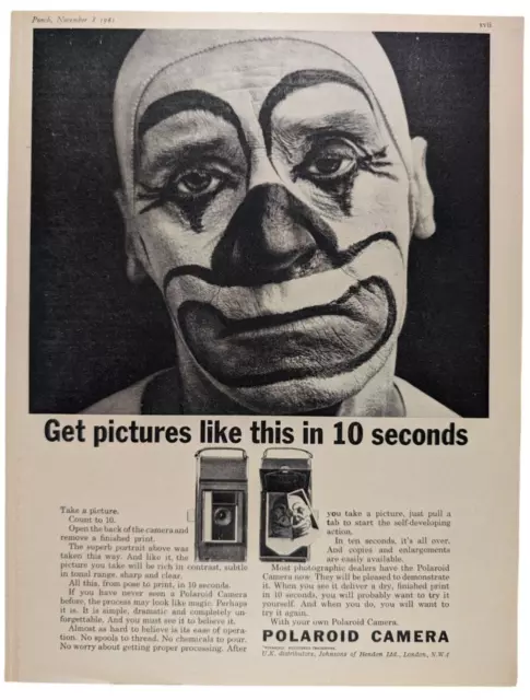 Creepy Clown Polaroid "Instant" Camera 1961 Ad Punch UK 8.5x11"