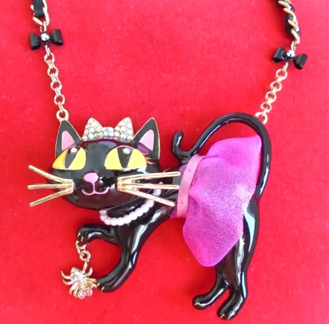 Big Betsey Johnson Black Cat w/ Spider Statement Necklace Pink Tutu Crystal Bow