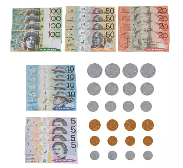 44 Piece Australian Play Money Set Fake Australian Coins and Notes Kids Toys