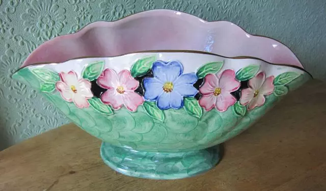 Vintage Maling Ceramic Green/Pansies Design Large Flower Bowl/Vase Collectable