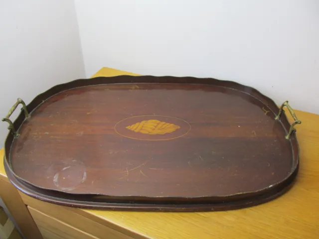 Antique Edwardian Galleried Mahogany Serving Tray With Intarsia Shell Inlay