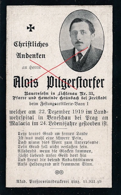 NR 12272 Sterbebild deathcard K.u.K. Soldat 1919 Beneschau Grünbach EUR